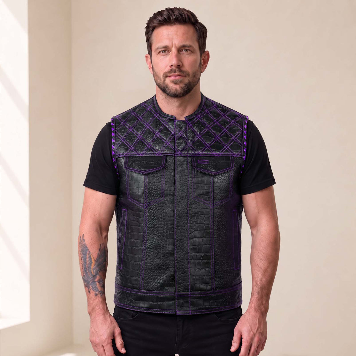 Men’s Crocodile Embossed Cowhide Leather Motorcycle Vest – Contrast Stitch Biker Club Vest