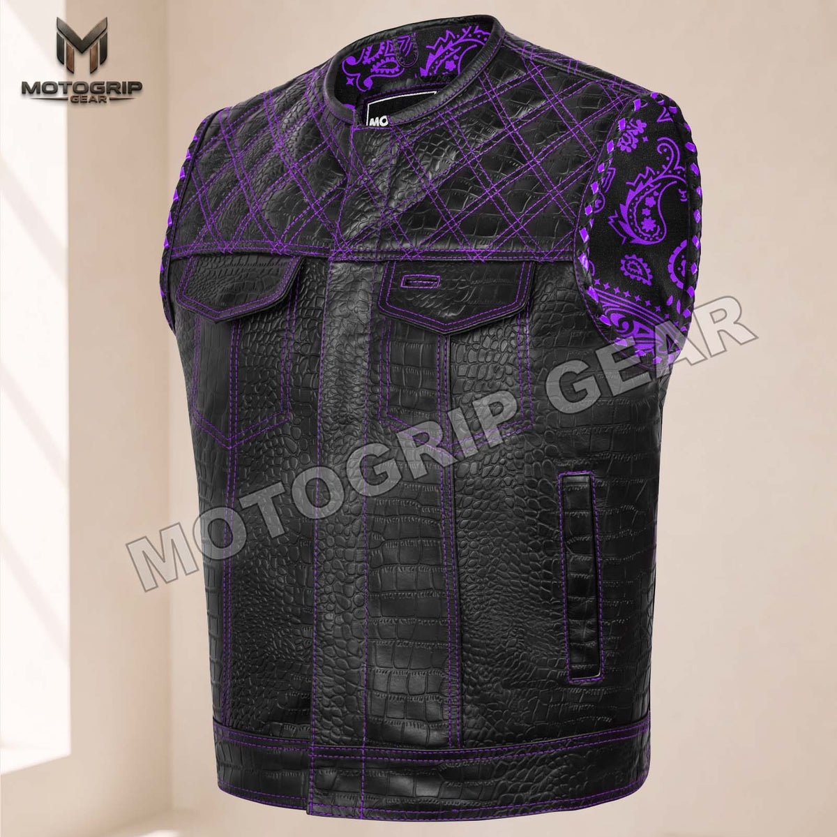 Men’s Crocodile Embossed Cowhide Leather Motorcycle Vest – Contrast Stitch Biker Club Vest