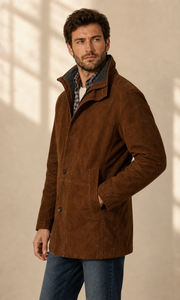 Ridgeline Brown Suede Fur-Lined Jacket - ridgeline brown suede fur lined jacket model side view by MOTOGRIP GEAR