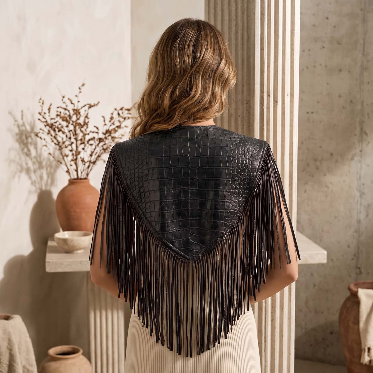 Women’s Crocodile Embossed Leather Fringe Shawl – Western Cowgirl Cape