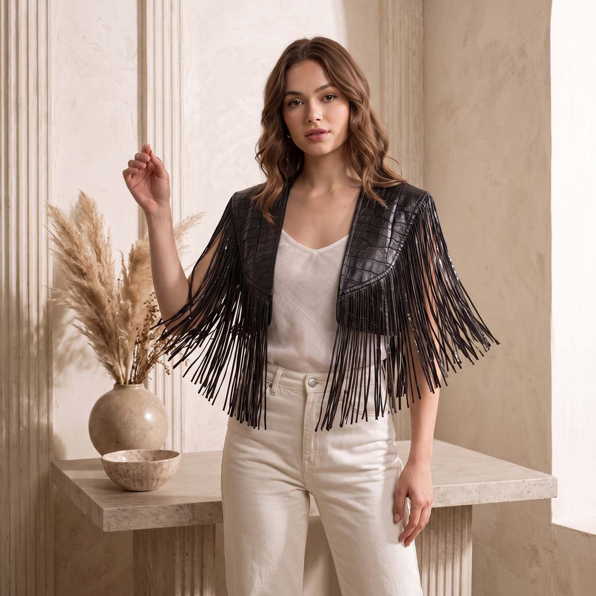 Women’s Crocodile Embossed Leather Fringe Shawl – Western Cowgirl Cape