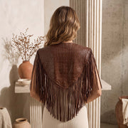Women’s Crocodile Embossed Leather Fringe Shawl – Western Cowgirl Cape