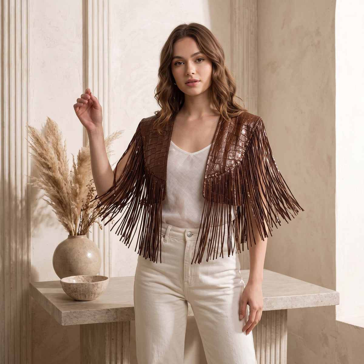 Women’s Crocodile Embossed Leather Fringe Shawl – Western Cowgirl Cape