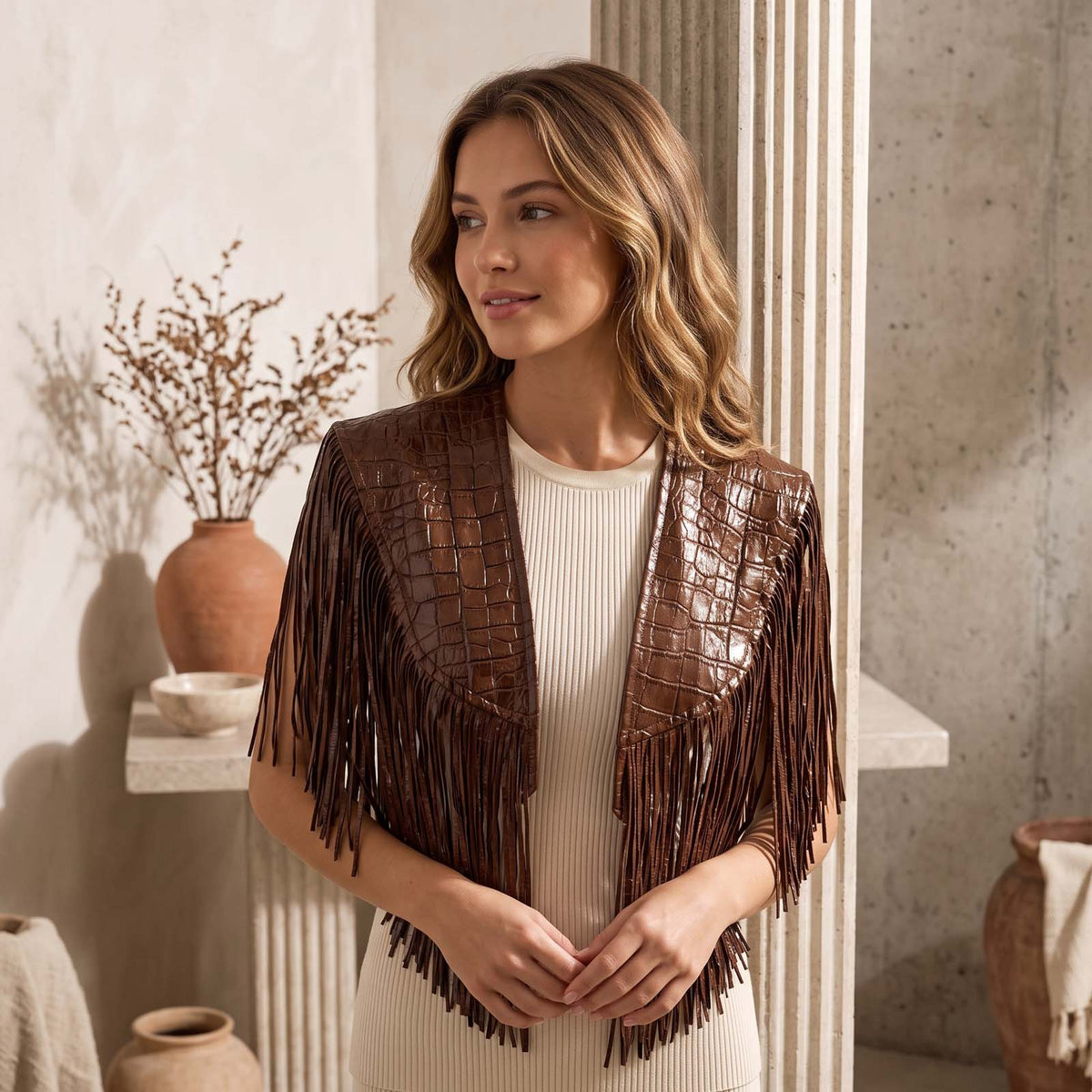 Women’s Crocodile Embossed Leather Fringe Shawl – Western Cowgirl Cape