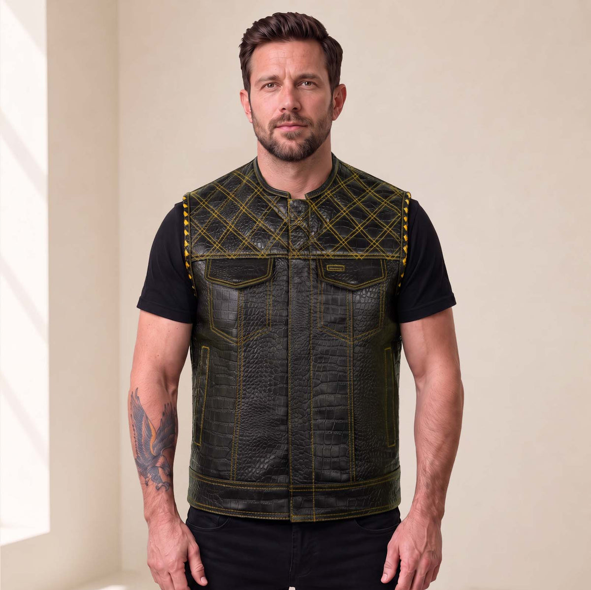 Men’s Crocodile Embossed Cowhide Leather Motorcycle Vest – Contrast Stitch Biker Club Vest