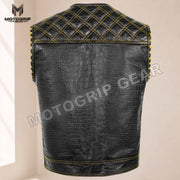 Men’s Crocodile Embossed Cowhide Leather Motorcycle Vest – Contrast Stitch Biker Club Vest