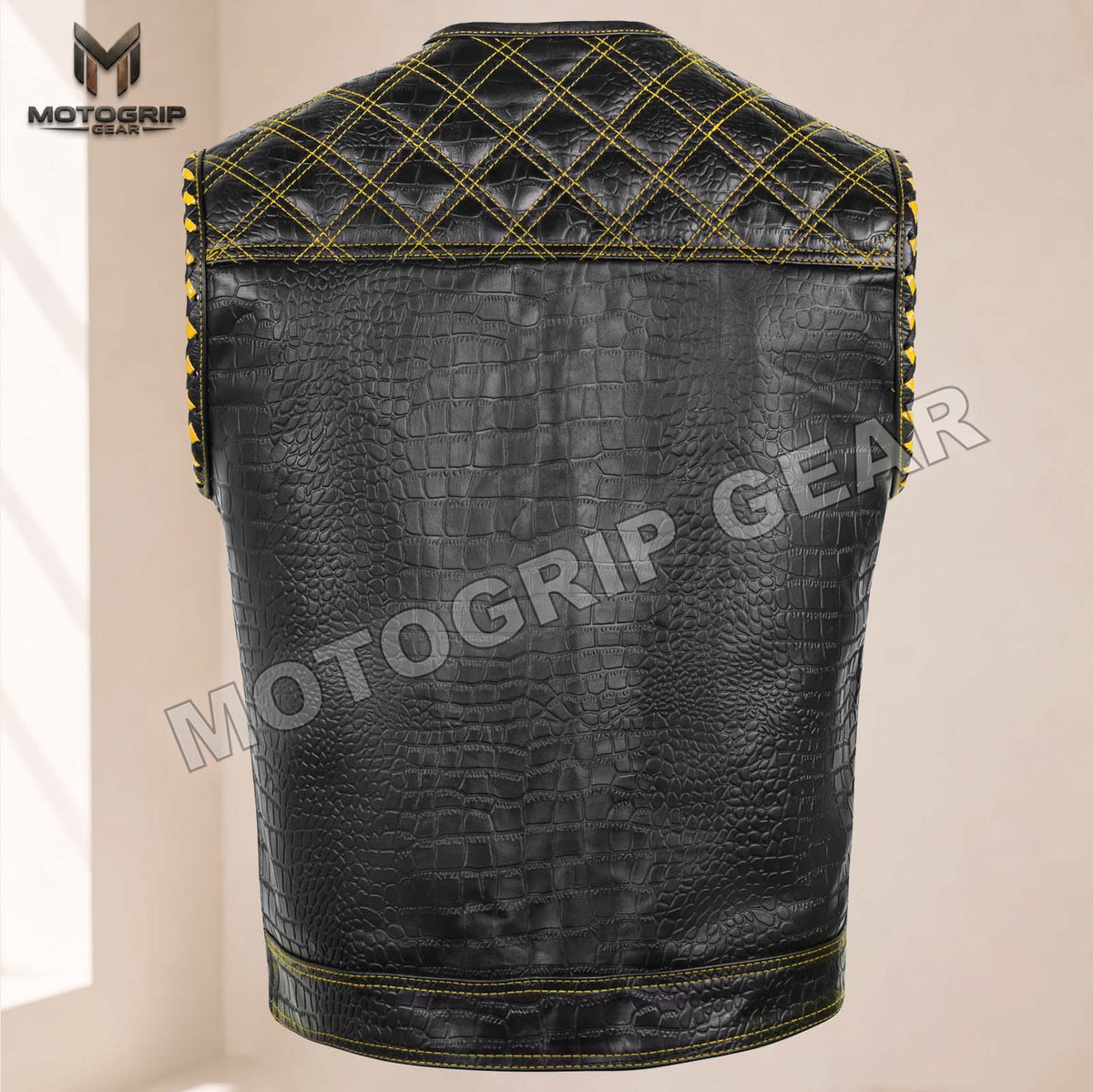 Men’s Crocodile Embossed Cowhide Leather Motorcycle Vest – Contrast Stitch Biker Club Vest