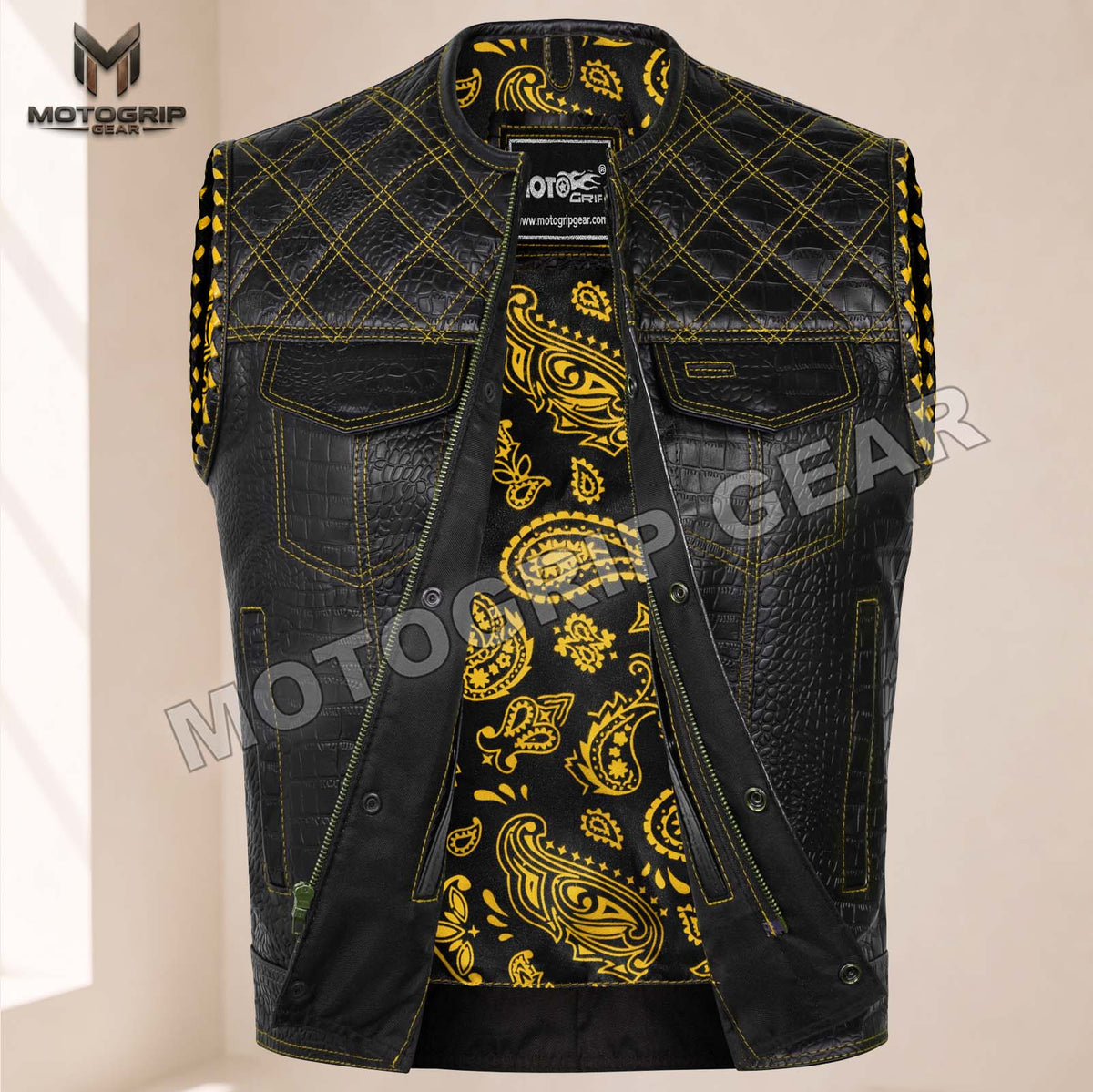 Men’s Crocodile Embossed Cowhide Leather Motorcycle Vest – Contrast Stitch Biker Club Vest