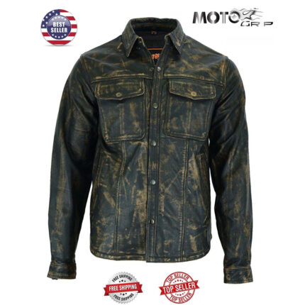 Premium Men's Distressed Leather Shirt Motorcycle Full sleeve Snap buttons Biker