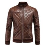 Men's Vintage Genuine Brown Leather Motorcycle Jacket Quilted Slim Fit - Image 3
