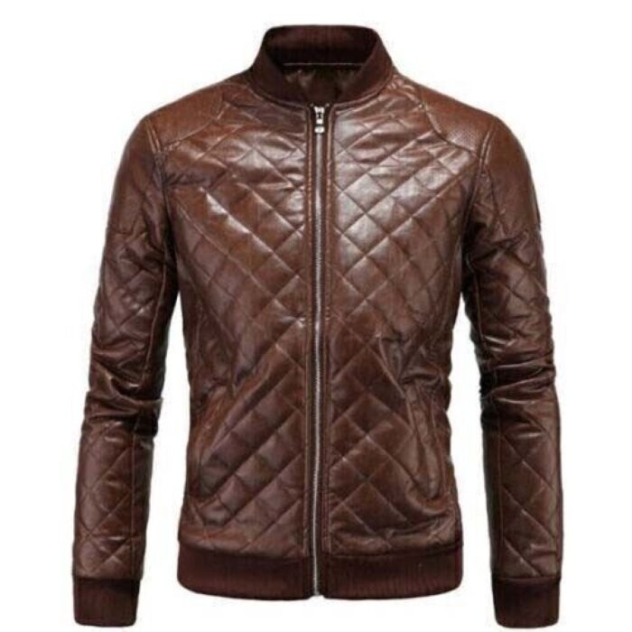 Men's Vintage Genuine Brown Leather Motorcycle Jacket Quilted Slim Fit - Image 3