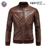 Men's Vintage Genuine Brown Leather Motorcycle Jacket Quilted Slim Fit