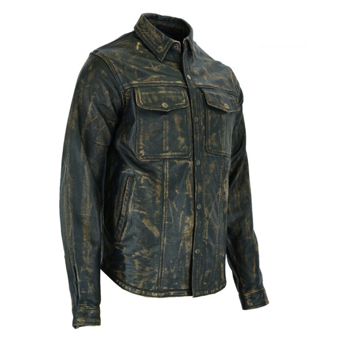 Premium Men's Distressed Leather Shirt Motorcycle Full sleeve Snap buttons Biker - Image 2