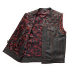 Men's Biker Vest Hunt Club Black Leather Red Diamond Red Paisley Motorcycle Vest - Image 2