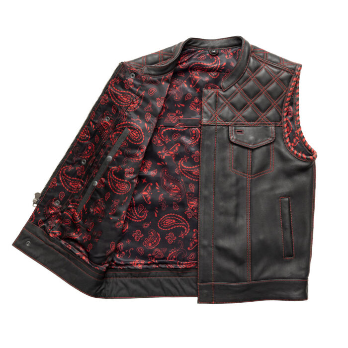 Men's Biker Vest Hunt Club Black Leather Red Diamond Red Paisley Motorcycle Vest - Image 2