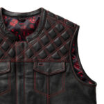 Men's Biker Vest Hunt Club Black Leather Red Diamond Red Paisley Motorcycle Vest - Image 3