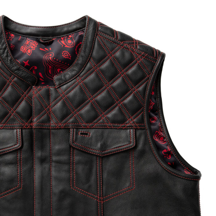 Men's Biker Vest Hunt Club Black Leather Red Diamond Red Paisley Motorcycle Vest - Image 3