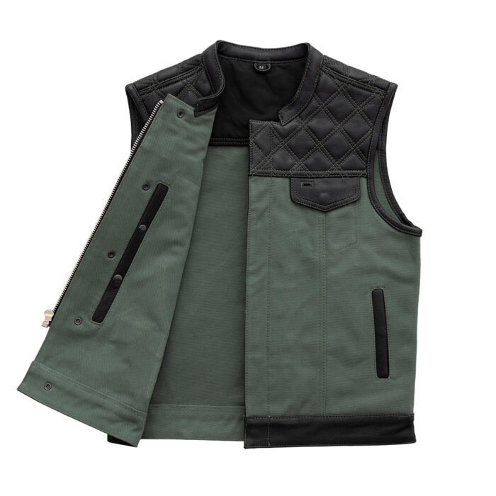 Hunt Club Motorcycle Leather Canvas Vest Green - Image 2