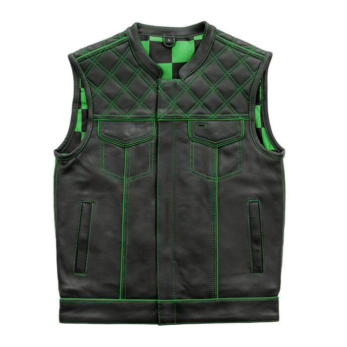 Men's Black Leather Vest Green & Black Checker Inner Motorbike Riding Waistcoat - Image 3