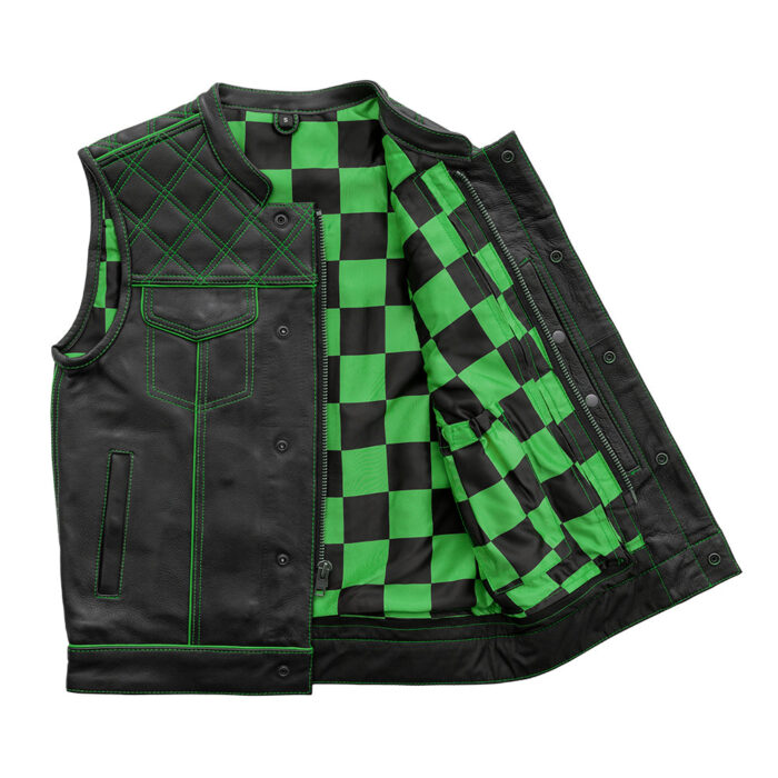 Men's Black Leather Vest Green & Black Checker Inner Motorbike Riding Waistcoat - Image 2
