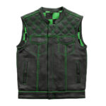 Men's Black Leather Vest Green & Black Checker Inner Motorbike Riding Waistcoat