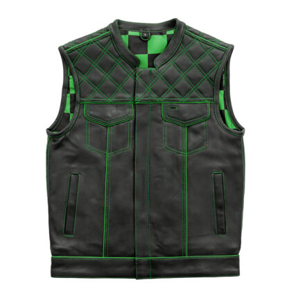 Men's Black Leather Vest Green & Black Checker Inner Motorbike Riding Waistcoat