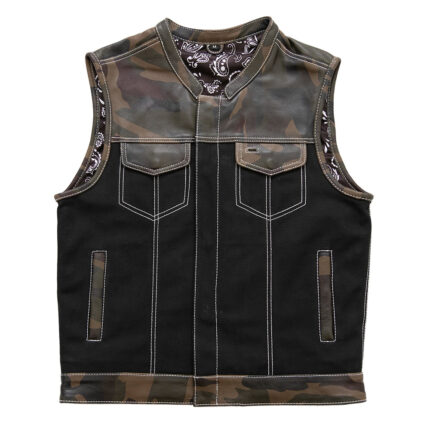 New Green Camo Leather & Deinim Motorcycle Vest Ranger Club Style Diamond Quilted Riding Bikers Vest