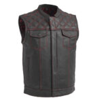 Men's Black Leather Vest Diamond Motorbike Motorcycle Concealed Red Waistcoat