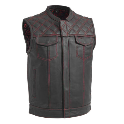 Men's Black Leather Vest Diamond Motorbike Motorcycle Concealed Red Waistcoat