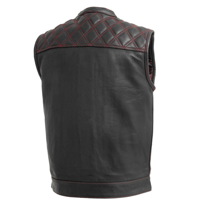 Men's Black Leather Vest Diamond Motorbike Motorcycle Concealed Red Waistcoat - Image 6