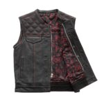 Men's Black Leather Vest Diamond Motorbike Motorcycle Concealed Red Waistcoat - Image 2