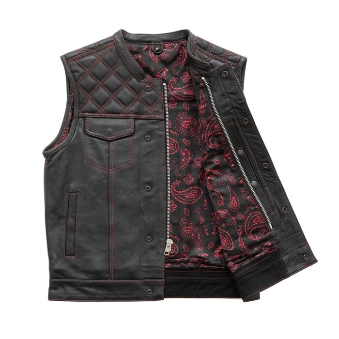 Men's Black Leather Vest Diamond Motorbike Motorcycle Concealed Red Waistcoat - Image 2