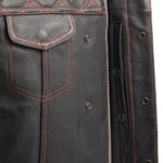 Men's Black Leather Vest Diamond Motorbike Motorcycle Concealed Red Waistcoat - Image 3