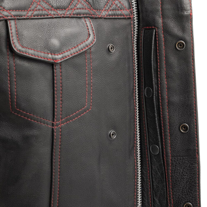 Men's Black Leather Vest Diamond Motorbike Motorcycle Concealed Red Waistcoat - Image 3