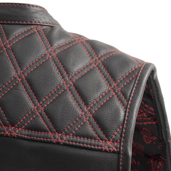 Men's Black Leather Vest Diamond Motorbike Motorcycle Concealed Red Waistcoat - Image 5