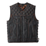 Black Leather Men's Motorcycle Orange Paisley lining & Two Colors Stitching Vest