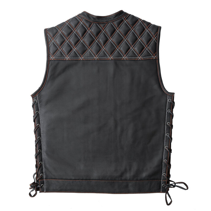 Black Leather Men's Motorcycle Orange Paisley lining & Two Colors Stitching Vest - Image 4