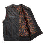 Black Leather Men's Motorcycle Orange Paisley lining & Two Colors Stitching Vest - Image 2