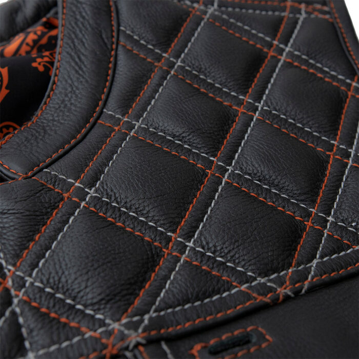 Black Leather Men's Motorcycle Orange Paisley lining & Two Colors Stitching Vest - Image 3