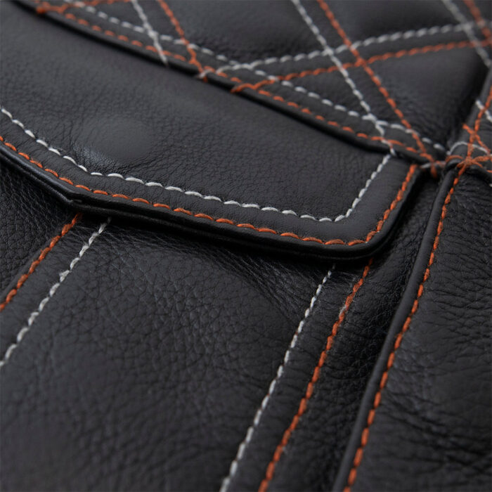 Black Leather Men's Motorcycle Orange Paisley lining & Two Colors Stitching Vest - Image 5