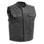 Leather Biker Vest Men's Riding Club Black/White Motorcycle Vest Diamond Quilted