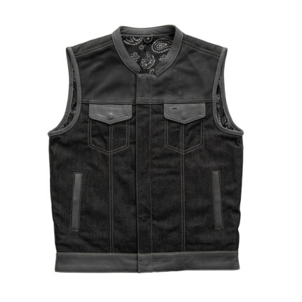 MotoGrip - Men's Club Style Leather/Denim Vest - White Paisley Lining