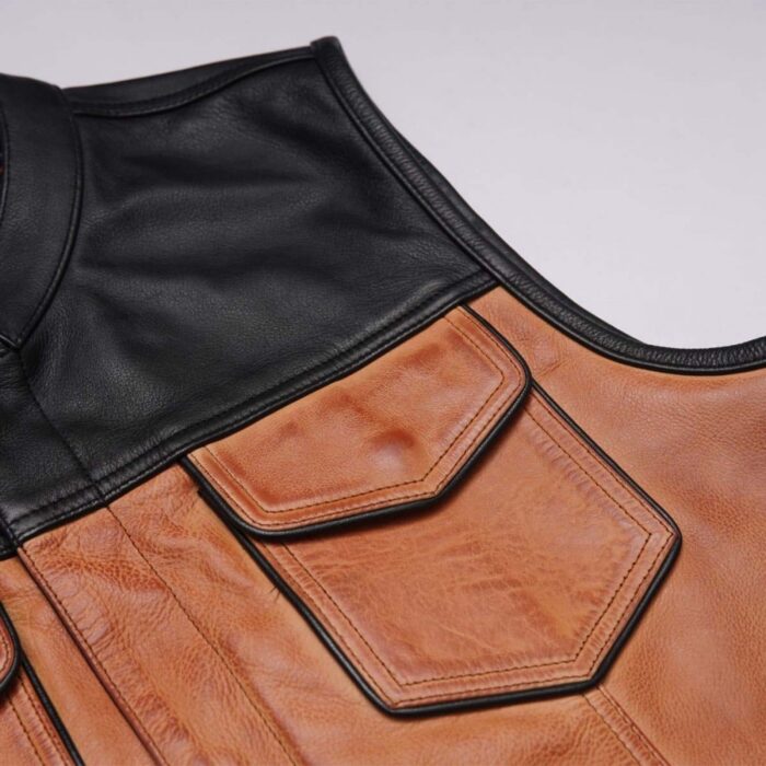 Men's Black & Brown Leather Vest Motorbike Motorcycle Concealed Brown Waistcoat - Image 4