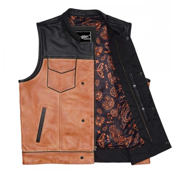 Men's Black & Brown Leather Vest Motorbike Motorcycle Concealed Brown Waistcoat - Image 2