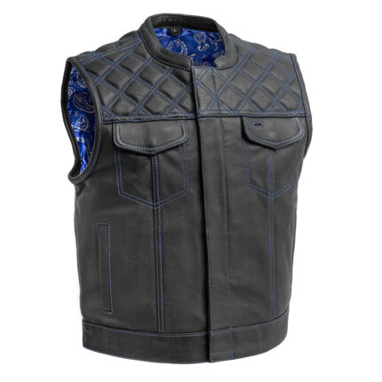 Men's SOA Club Leather Vest Custom Motorbike Blue Paisley Liner Motorcycle