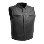 Black Heavy Leather Zipper Vest Motorbike Biker Motorcycle Gun Carry Waistcoat