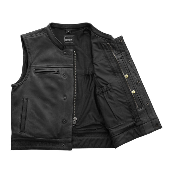 Black Heavy Leather Zipper Vest Motorbike Biker Motorcycle Gun Carry Waistcoat - Image 2
