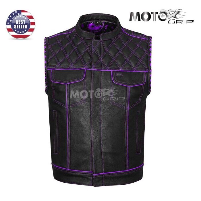 Men's Black Leather Vest Diamond Motorbike Motorcycle Concealed Purple Paisley inside Waistcoat - Image 6