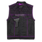 Men's Black Leather Vest Diamond Motorbike Motorcycle Concealed Purple Paisley inside Waistcoat - Image 5