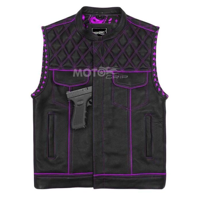 Men's Black Leather Vest Diamond Motorbike Motorcycle Concealed Purple Paisley inside Waistcoat - Image 5